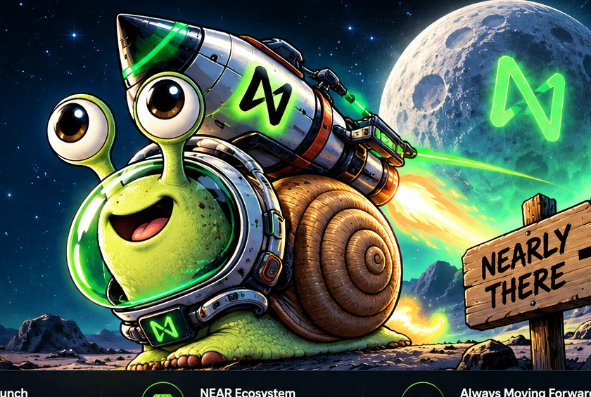 Smiling rocket-powered snail in a neon green space scene