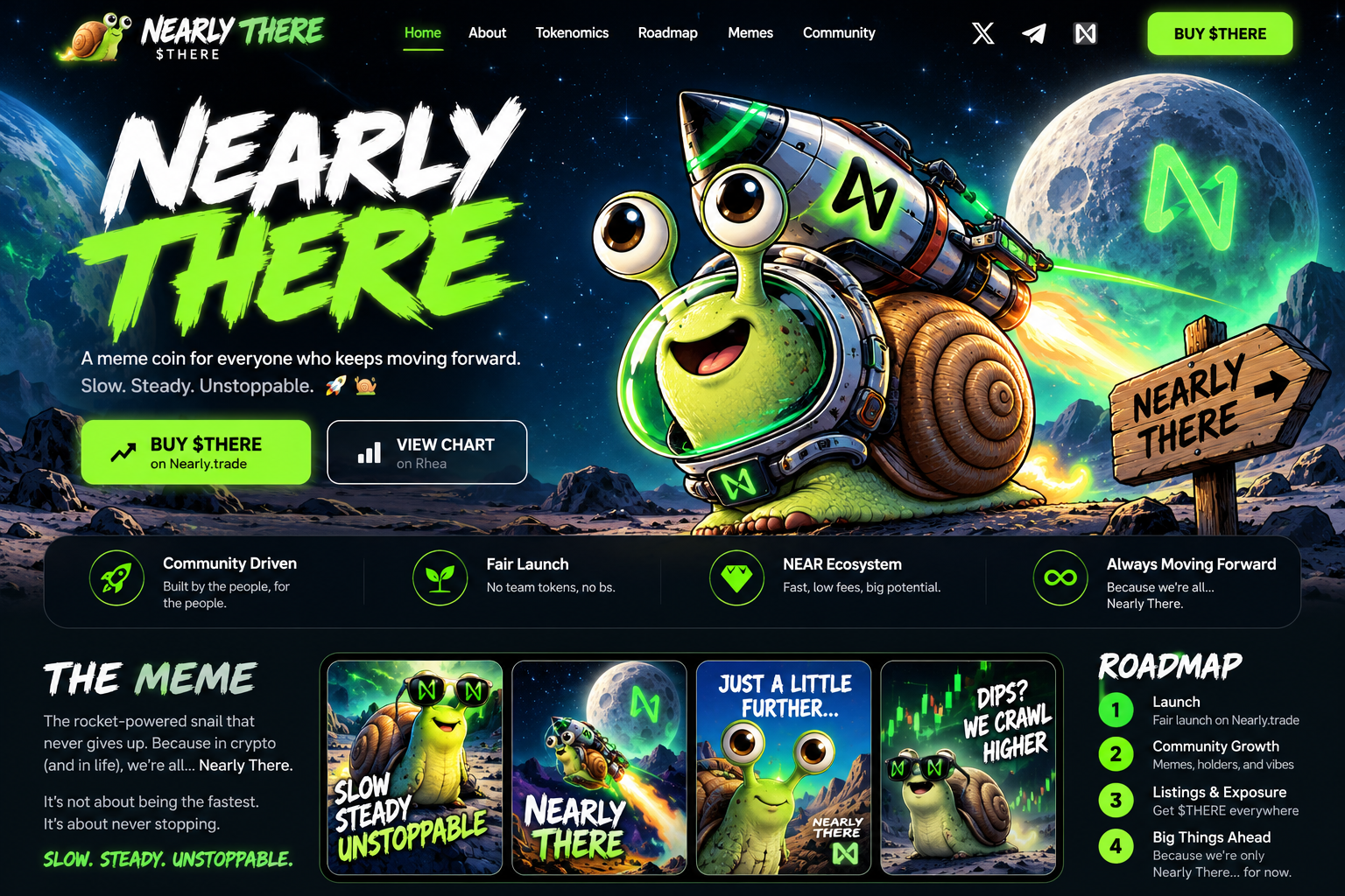 NEARLY THERE: neon space-themed landing page artwork featuring a happy rocket-powered astronaut snail, a moon and meme panels
